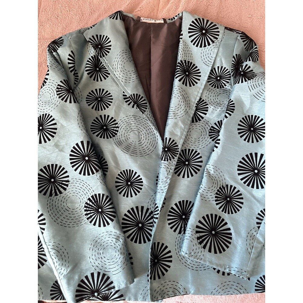 Retro Metallic Blue Statement Blazer Size XL Artsy Abstract Jacket Bold Burst